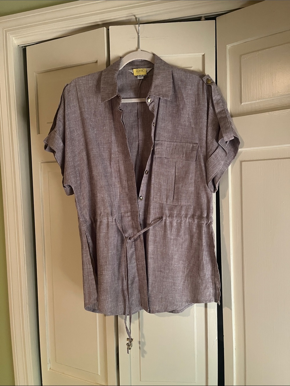 Light brown Striped Drawstring Short-Sleeve Shirt